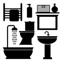 Bathroom toilet black icons set, vector black silhouettes