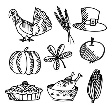 Set of thanksgiving black sketches, vector objects