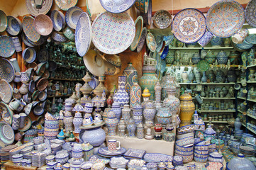 Shop with traditional pottery in Fes, Morocco
