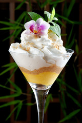 Passion fruit ice cream with almond cream and coconut foam