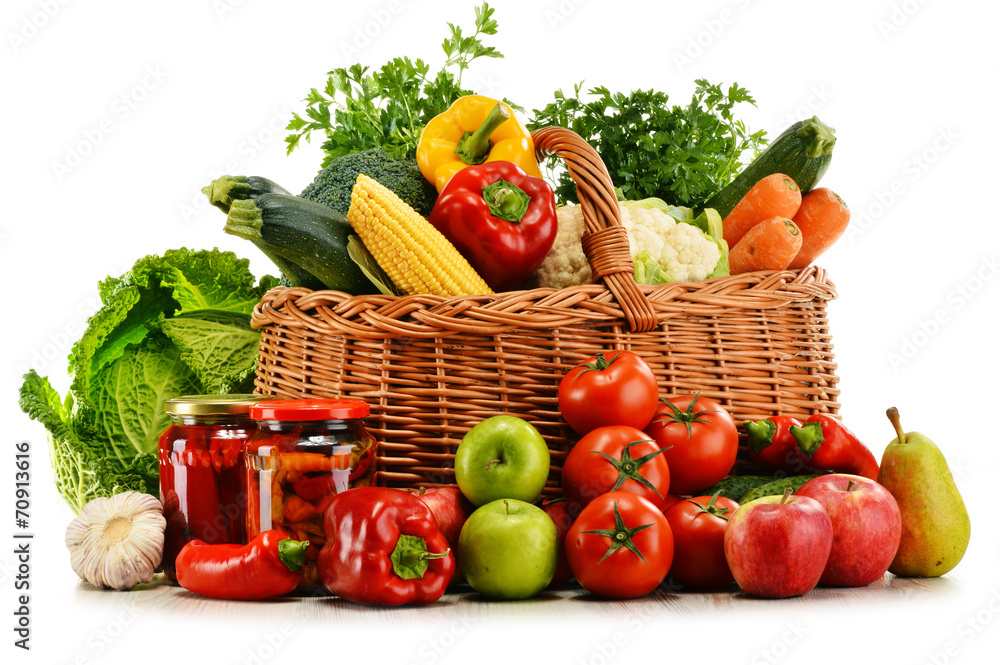 Wall mural Wicker  basket with groceries isolated on white