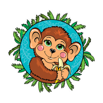 Funny monkey with a banana in her hand. In the frame of leaves.