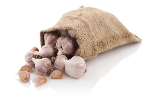 garlic in a sack on a white background