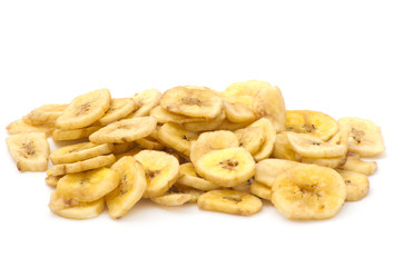 a pile of banana chips on white background