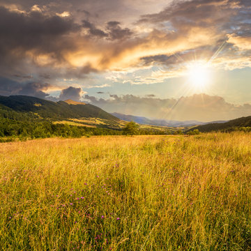 field near home in mountains at sunset