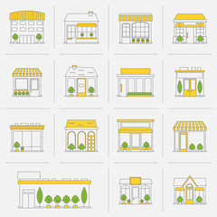 Store building icons set flat line