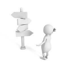 confused white 3d man behind different way road signes choice