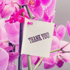 Bouquet of orchids with a Thank You note