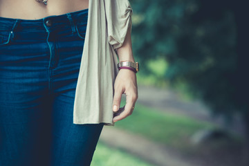 close up of belly button of young woman