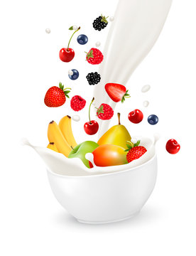 Bowl Of Healthy Fruit And Splash Milk. Vector Illustration.