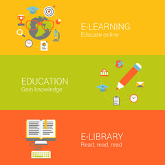 Online education concept flat icons set e-learning knowledge
