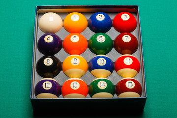 Full set of snooker balls inside an hard paper box