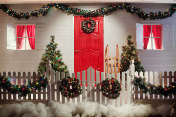 Christmas front door of a country house background. 