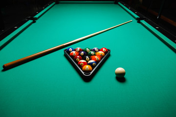 Billiard balls in a pool table.