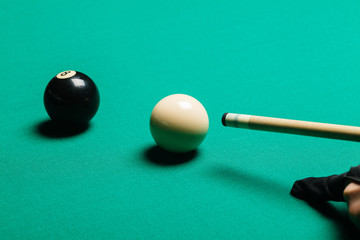 Billiard balls in a pool table.