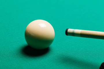 Billiard balls in a pool table.