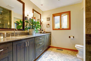 Modern bathroom interior with big cabinet and two mirrors