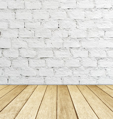 White brick wall and wood floor, empty perspective room.