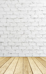 White brick wall and wood floor, empty perspective room.