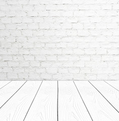 White brick wall and wood floor, empty perspective room.