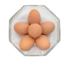 top view,eggs in transparent bowl isolated on white