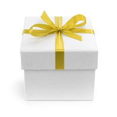 white gift paper box with yellow ribbon bow