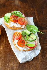 Bruschetta with cheese, radish and cherry tomatoes