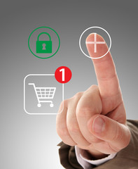 Hand pushing virtual symbol PLUS , online shopping.