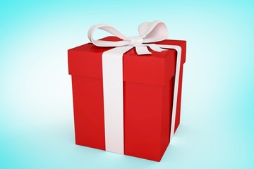 Composite image of red gift with white bow