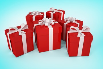 Composite image of red gifts with white bow