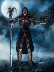 Fototapeta premium Czarnoksiężnik z magiczną księgą i kijem z czaszką