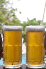 A couple holding two mugs of beer besides a swimming pool