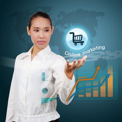 Asian business woman showing virtual online shopping. Concept of