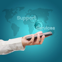 Business hand showing smartphone with  word support and services