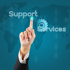 Business hand with  word support and services on virtual screen.