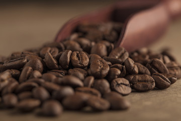 Coffee beans on a wooden scoop