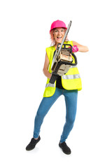 Worker woman with chainsaw over white background