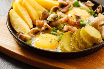 fried potatoes with meat and egg