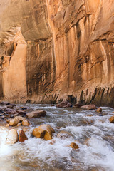 A River flowing in a canyon in Zion.  Zion National Park, USA.