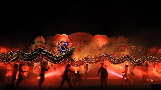 Group Parade of Golden dragon show in Thailand