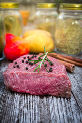 Raw beef steak on old wood