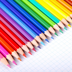 Fototapeta premium Multicolored crayons on white squared paper background.