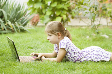 Girl using laptop in the meadow