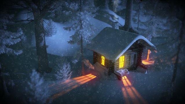 Eine gem&uuml;tlich beleuchtete Holzh&uuml;tte an einem verschneiten Winterabend
