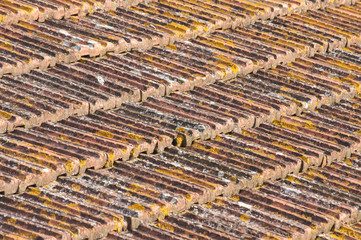 Weathered tiles of old house roof as background