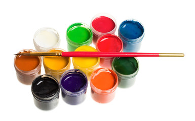 Paints and brushes isolated on white background