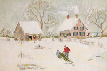 Winter scene of a farm with people, digitally altered - 70945490