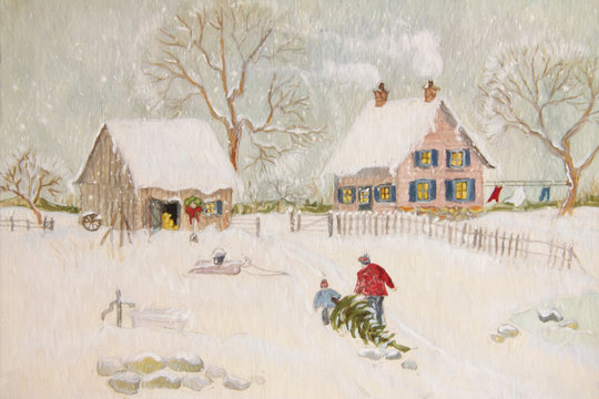 Winter scene of a farm with people, digitally altered