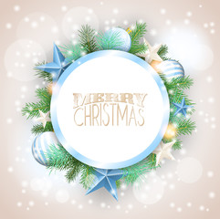 Christmas background with blue ornaments and branches