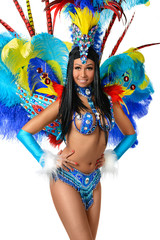 Smiling beautiful girl in a colorful carnival costume